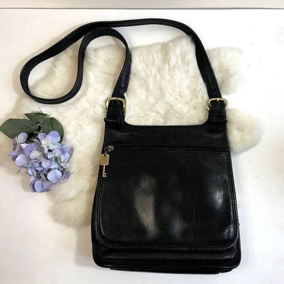 Vintage FOSSIL Keyper Black Leather Crossbody Bag Messenger Wallet Bag Travel - Picture 1 of 13